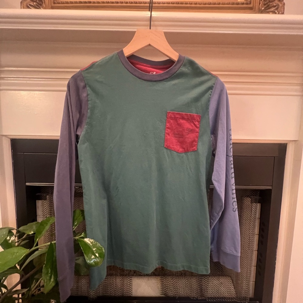 Vineyard Vines Maroon and Green Long Sleeve Shirt color block boys large 16